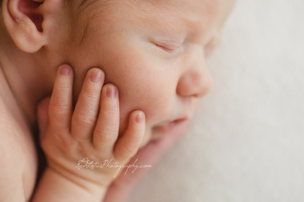 close up photo of baby face and hands newborn photography details