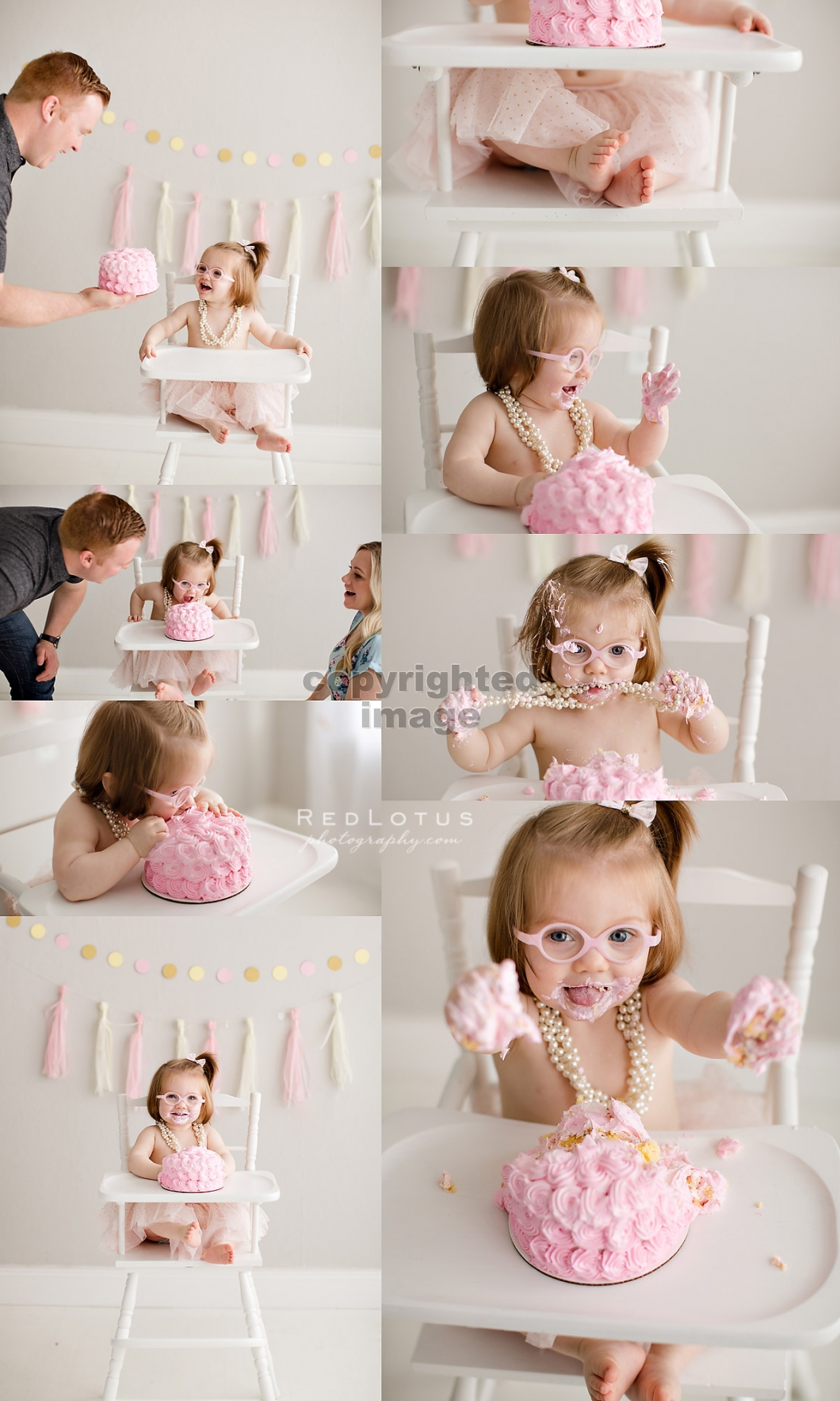 cake smash photo session girl pink glasses pearls